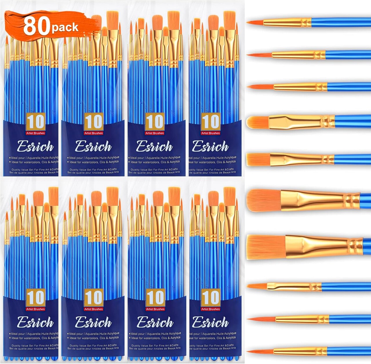 Acrylic Paint Brushes Set,8Packs /80 Pcs Nylon Paintbrushes Head, Suitable for Acrylic Oil Watercolor Rock Body Face Nail Art Perfect Suit of Art Painting, Best Gift for Kids Adult Drawing